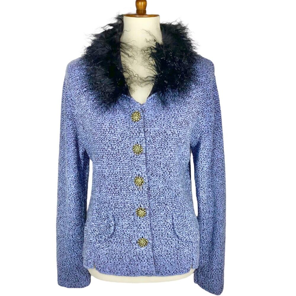 M VTG Willow Blue Black Tweed Knit Jeweled Button Fur Collar Sweater Blazer Top - Picture 2 of 10